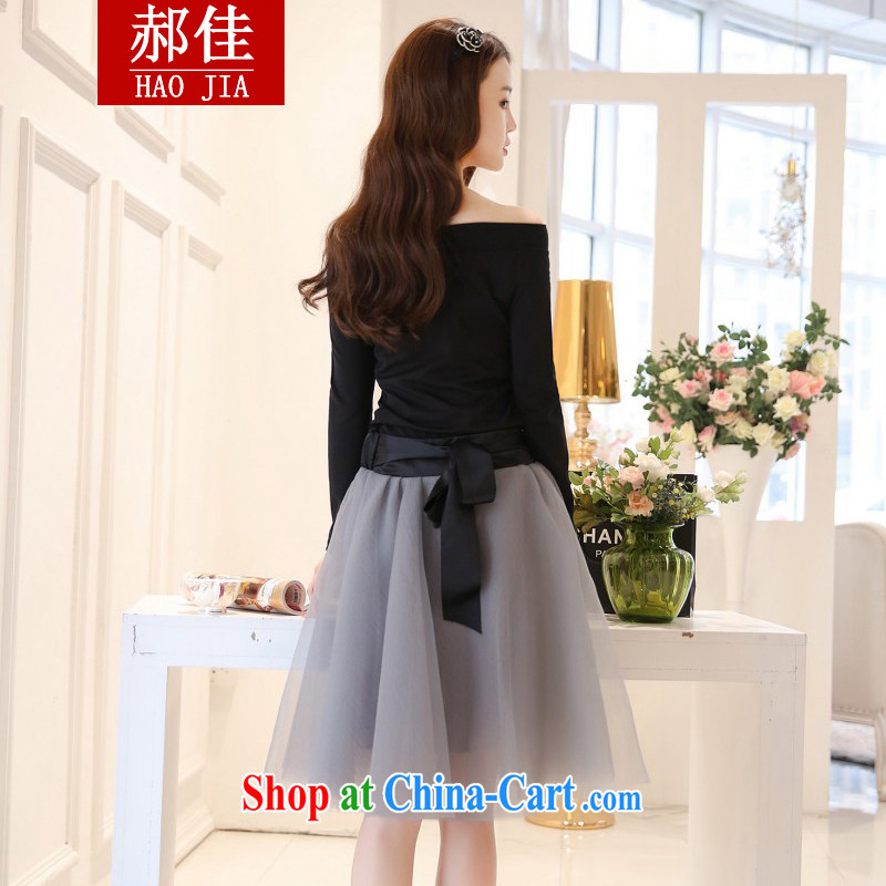 Hao better European site custom dress women's clothing, the small fragrant wind retro two piece Bow Tie long-sleeved dresses black T-shirt + gray half skirt L, Hao, and shopping on the Internet