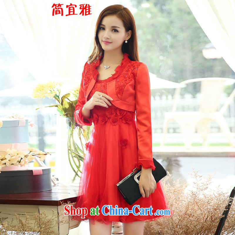 To be brief, 2015 spring and summer with new dresses lace straps small shawls two-piece stitching dresses wedding dress video thin female Red XXXL