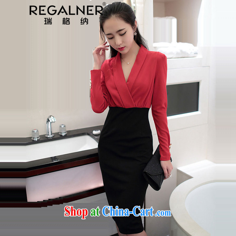 Ryan, spring and autumn 2015 new female name yuan style dress shirt sexy beauty package and solid dresses red and black XL
