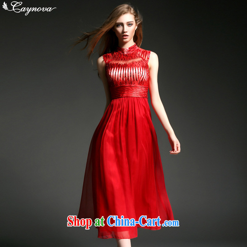 Snow Caynova woven dresses 2015 new European style sexy embroidery, cultivating long dress red XL