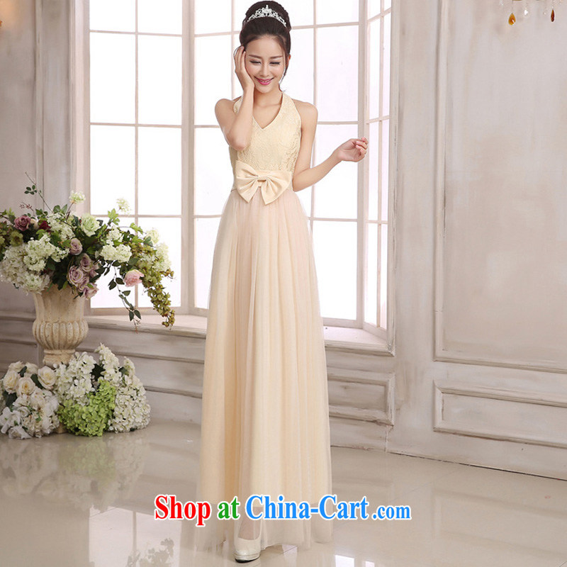The package mail Korean elegance of the V collar back exposed high-waist The bowtie lace spell Web yarn long dress Holiday Party bridesmaid as serving champagne color code F