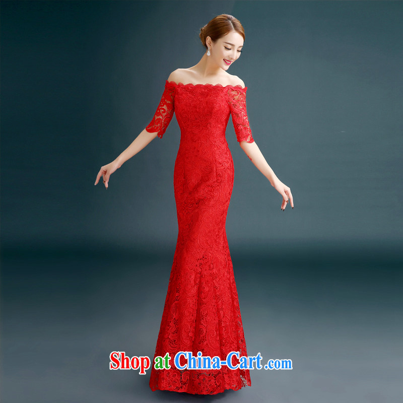 The beautiful 2015 spring and summer new marriages toast one field shoulder strap long crowsfoot lace Evening Dress red XXXL, beautiful, shopping on the Internet