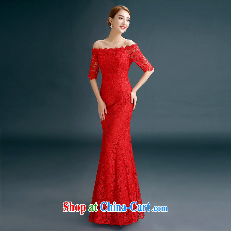 The beautiful 2015 spring and summer new marriages toast one field shoulder strap long crowsfoot lace Evening Dress red XXXL, beautiful, shopping on the Internet