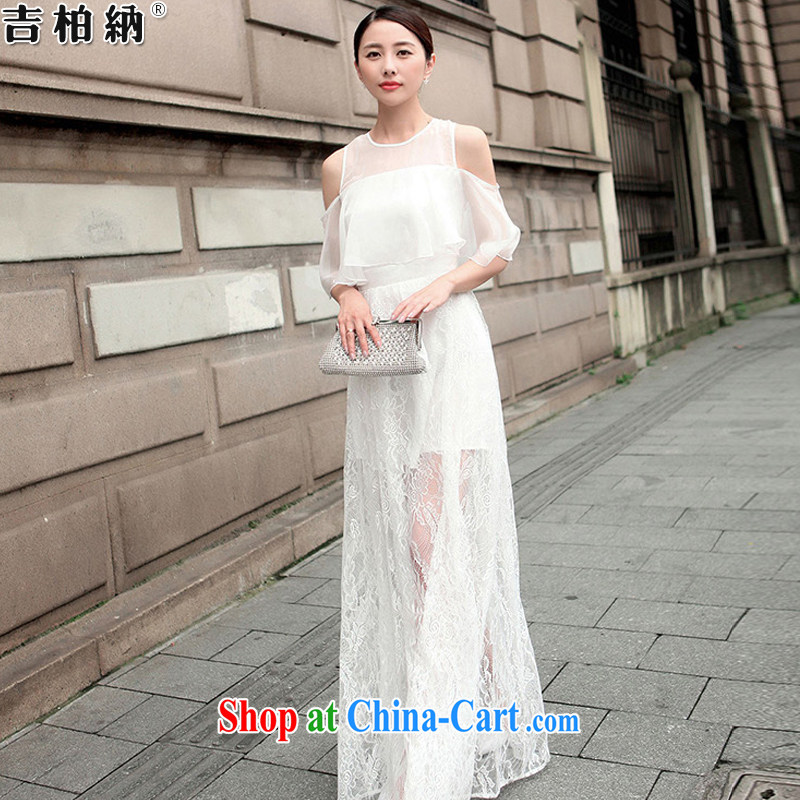 Gil PARK, 2015 summer New Style beauty woven snow covered shoulders flouncing cuff lace long skirt dresses evening dress women 9943 _white L