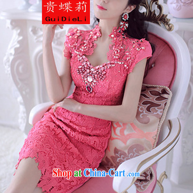 Your butterfly Li 2015 parquet drill Lace Embroidery of flowers and dresses evening dress of red M