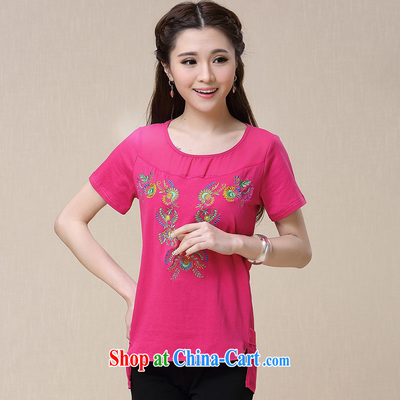 Health Concerns dress _ BL 8965 National wind women's clothing spring and summer new embroidered snow-woven stitching does not rule out short-sleeved T red 2 XL