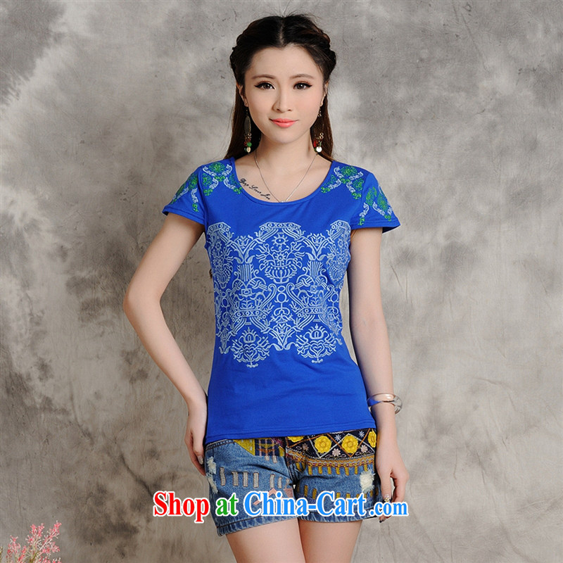 Health Concerns dress _ W 8216 National wind women's clothing spring and summer, minimalist beauty embroidered short sleeves shirt T but the heart blue 2 XL