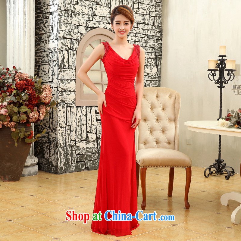 2015 new stylish long dual-shoulder V collar at Merlion dress Girls show their red wedding toast serving blue S, beautiful, shopping on the Internet