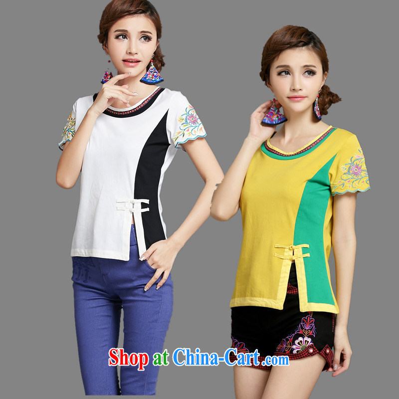 Health Concerns dress _ NF 1513 National wind women's clothing spring and summer, embroidered Stitching on the truck cultivating short-sleeved cotton shirt T Po blue XXL