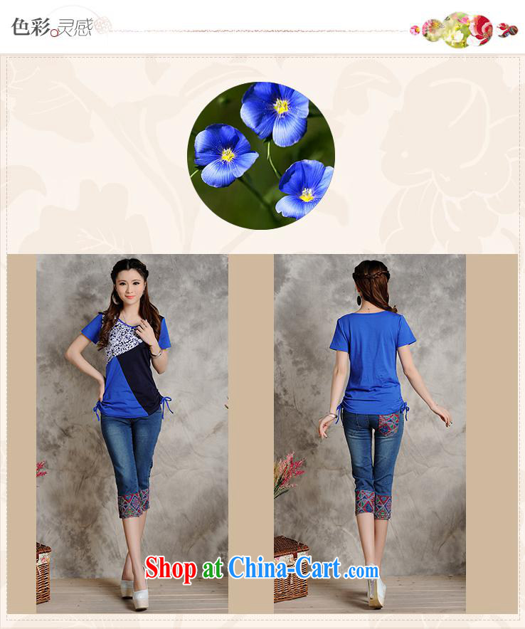 Close deals with clothing * W 8205 National wind women's clothing summer new round-collar embossed stitching cultivating graphics thin short-sleeve shirt T blue 2 XL pictures, price, brand platters! Elections are good character, the national distribution, so why buy now enjoy more preferential! Health