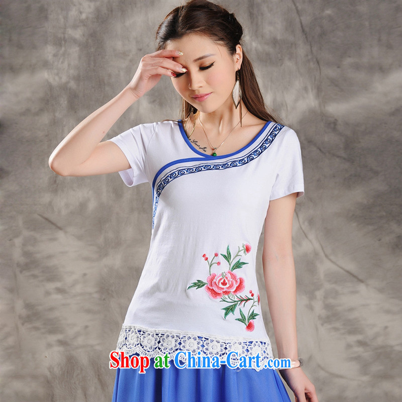 Health Concerns dress _ ZA 8631 National wind women's clothing spring and summer new embroidery hook spent before the code short-sleeved T-shirt white 4XL
