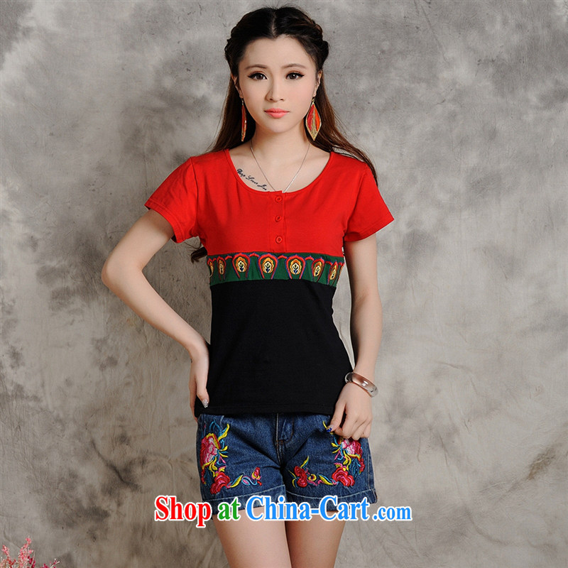 Health Concerns dress _ W 8211 National wind women's clothing Original Design summer new spell color embroidered short sleeves cotton shirt T red 2 XL