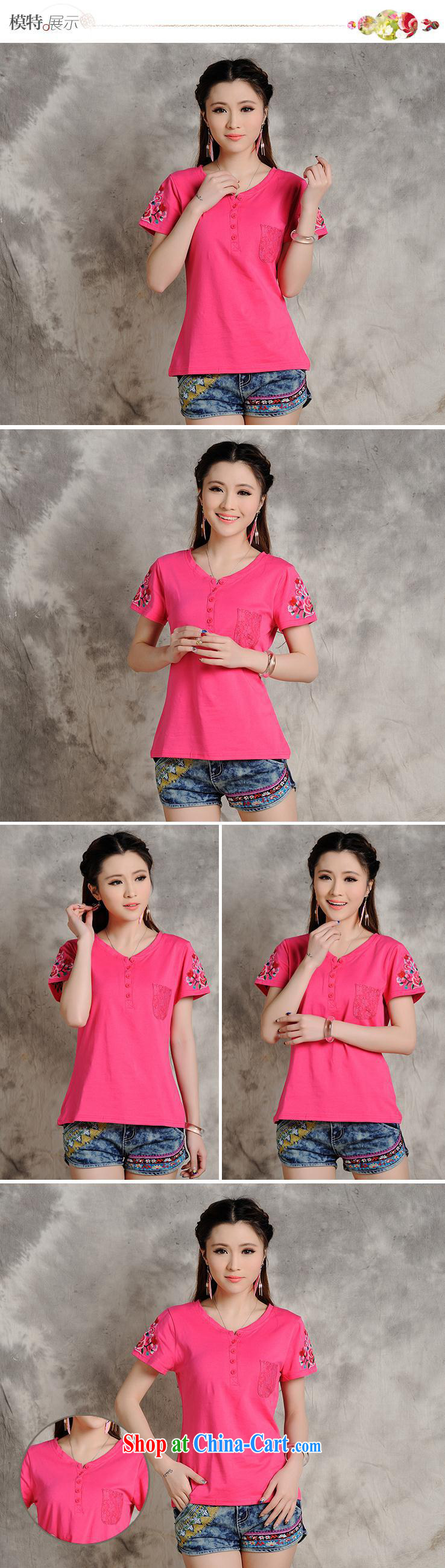 Health Concerns dress * W 8566 National wind women's clothing spring and summer new stylish V for cultivating embroidered short sleeve pure cotton T shirts of red 2 XL pictures, price, brand platters! Elections are good character, the national distribution, so why buy now enjoy more preferential! Health