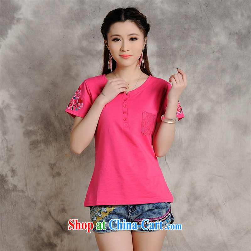 For health concerns dress * W 8566 National wind women's clothing spring and summer new stylish V for cultivating embroidered short sleeve pure cotton T shirts of red 2 XL, health concerns (Rvie .), and, on-line shopping