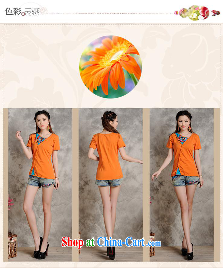 Close deals with clothing * W 8218 National wind women spring and summer new color pin embroidery hit color beauty short-sleeved T shirt orange 2 XL pictures, price, brand platters! Elections are good character, the national distribution, so why buy now enjoy more preferential! Health