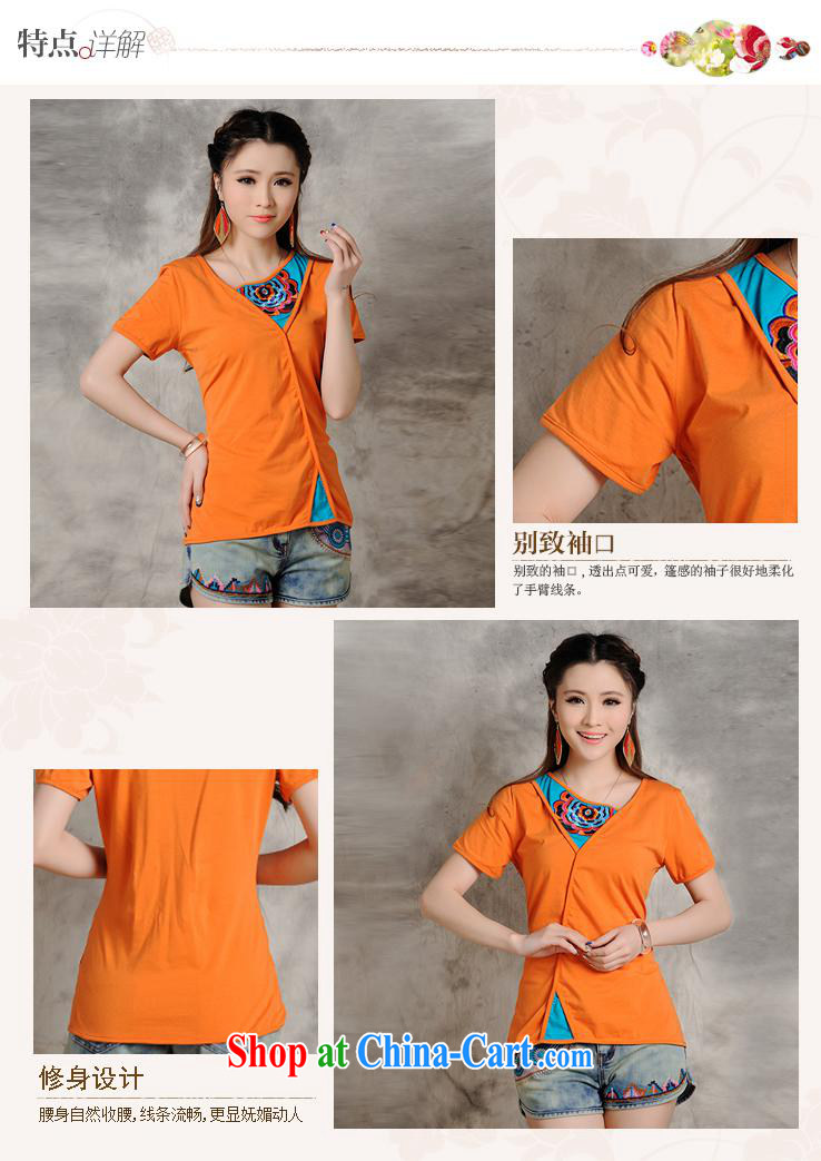 Close deals with clothing * W 8218 National wind women spring and summer new color pin embroidery hit color beauty short-sleeved T shirt orange 2 XL pictures, price, brand platters! Elections are good character, the national distribution, so why buy now enjoy more preferential! Health