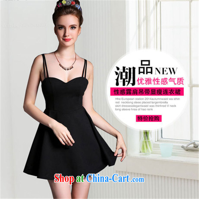 Connie, Texas 2015 new Europe sexy back exposed wrapped chest low Chest straps short skirts video skinny dress solid bare shoulders dress black L