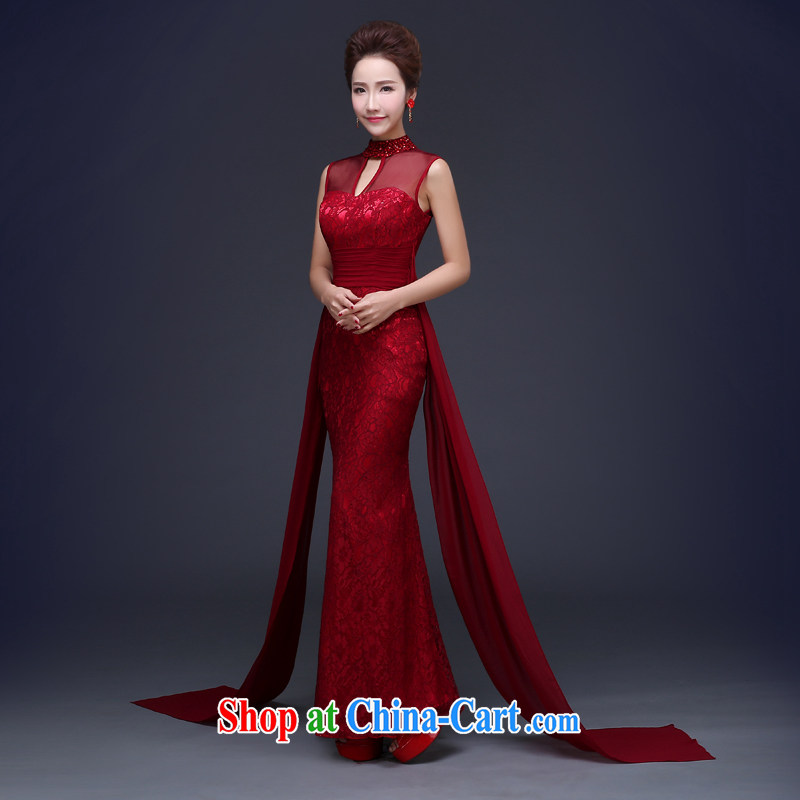Jie MIA dress 2015 New Long bows service bridal gown crowsfoot shoulders Web yarn stylish wedding dress and wine red XXL