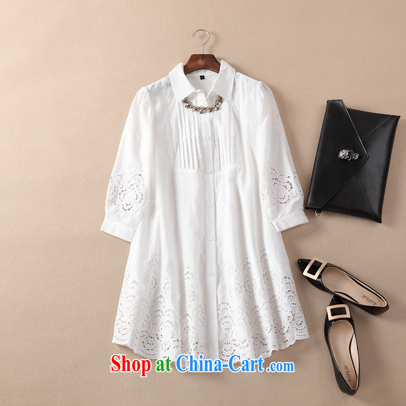 Health concerns women _ 2015 spring and summer with the European site high-end European and American female lapel Openwork female loose T-shirt, T-shirt white XL
