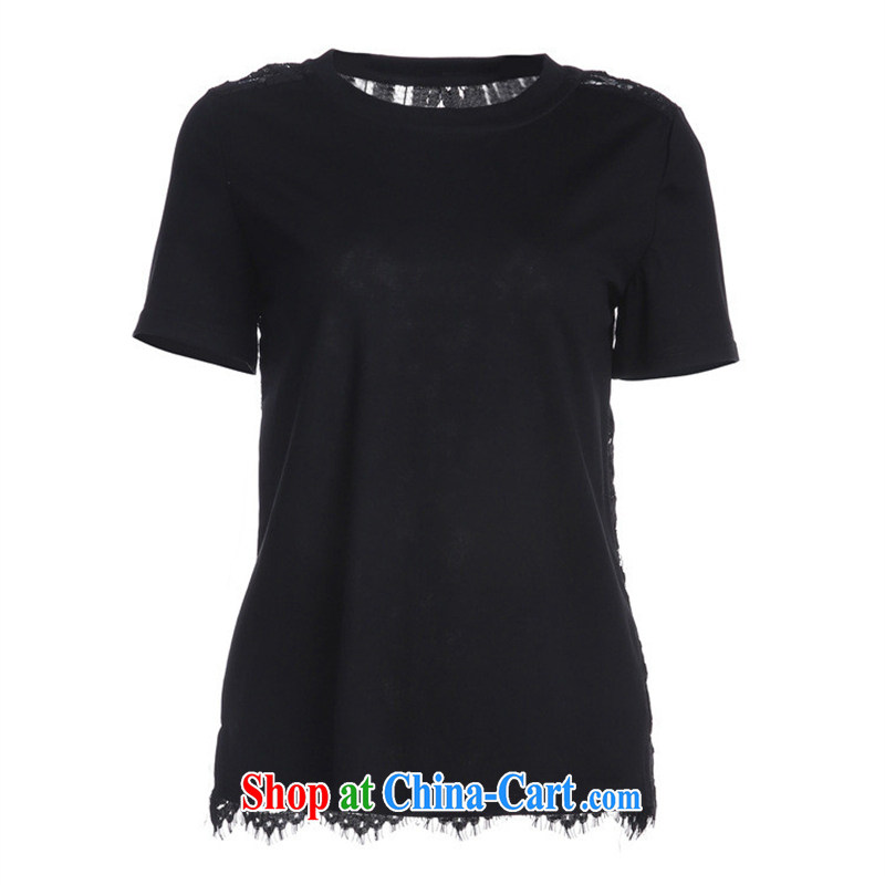Health concerns women * 2015 New boutique style Female European site round-collar Solid Color lace spelling T cotton shirt short-sleeved BC 1404 L black, blue rain bow, and shopping on the Internet