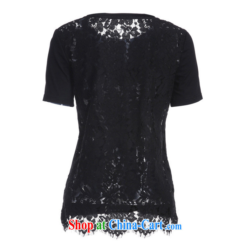 Health concerns women * 2015 New boutique style Female European site round-collar Solid Color lace spelling T cotton shirt short-sleeved BC 1404 L black, blue rain bow, and shopping on the Internet