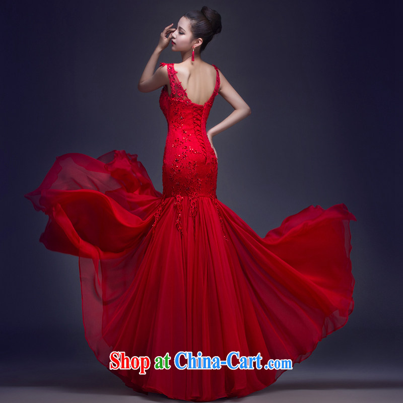 At Merlion wedding dresses wedding toast Service Annual Meeting bride dress spring new 2015 long dual-shoulder lace red XL, blooming Crazy (chunhuaqiuyue), shopping on the Internet