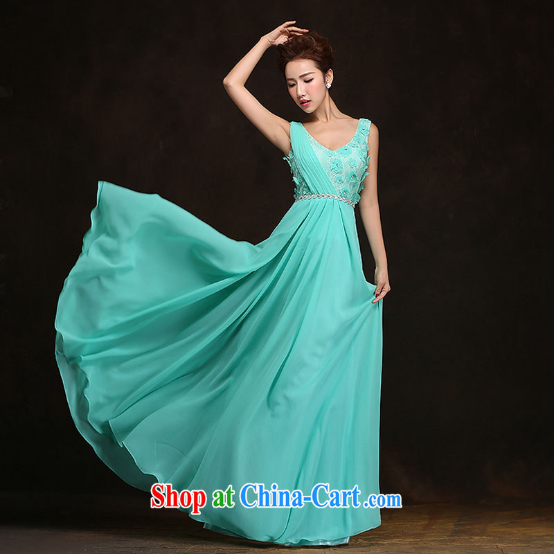 The china yarn 2015 Evening Dress new girl V collar long moderator performance service reception bridesmaid performances in water blue. size does not accept return