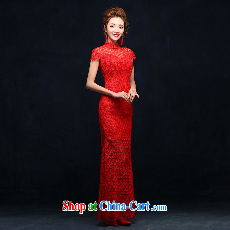 2015 new cheongsam dress Chinese wedding dress spring red lace retro improved bridal toast clothing red M, according to Lin, Elizabeth, and shopping on the Internet