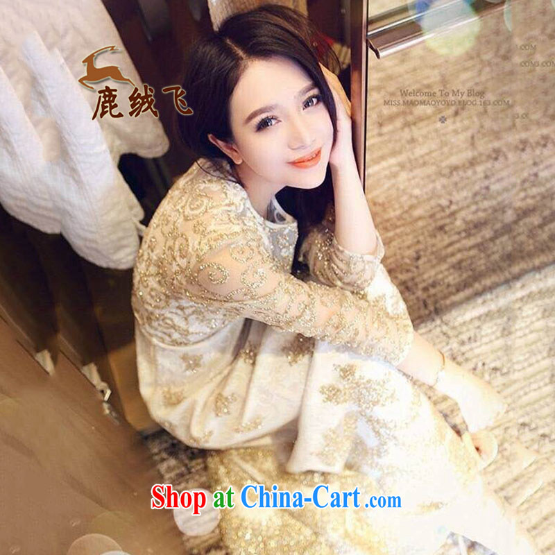 Lint-free cloth, The 2015 spring luxury of Yuan Palace, cultivating graphics thin lace dress retro dress long skirt, goddess picture color L, lint-free cloth deer fly (lurongfei), online shopping