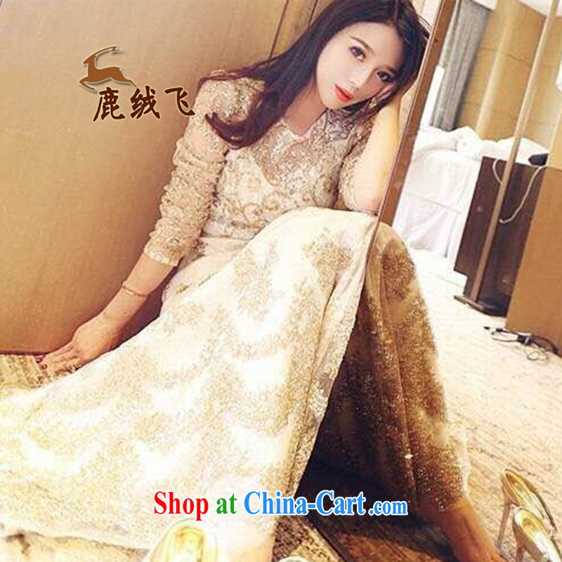 Lint-free cloth, The 2015 spring luxury of Yuan Palace, cultivating graphics thin lace dress retro dress long skirt, goddess picture color L, lint-free cloth deer fly (lurongfei), online shopping