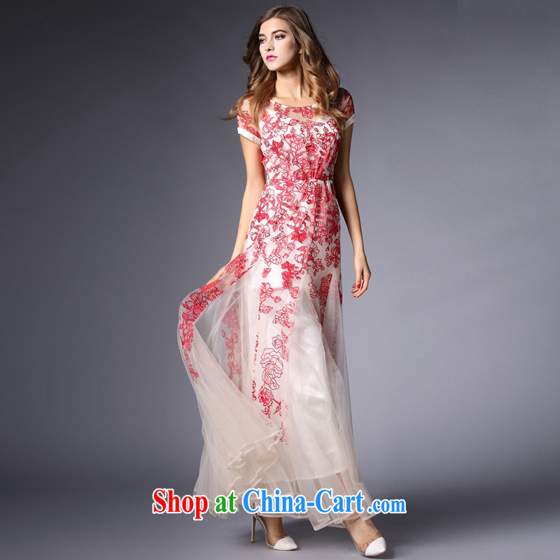 The poetry shadow female New American and European Big elegance Web yarn embroidered dresses dress large long skirt wedding dress toast clothing evening dress wedding dresses red XL, European poetry (oushiying), online shopping
