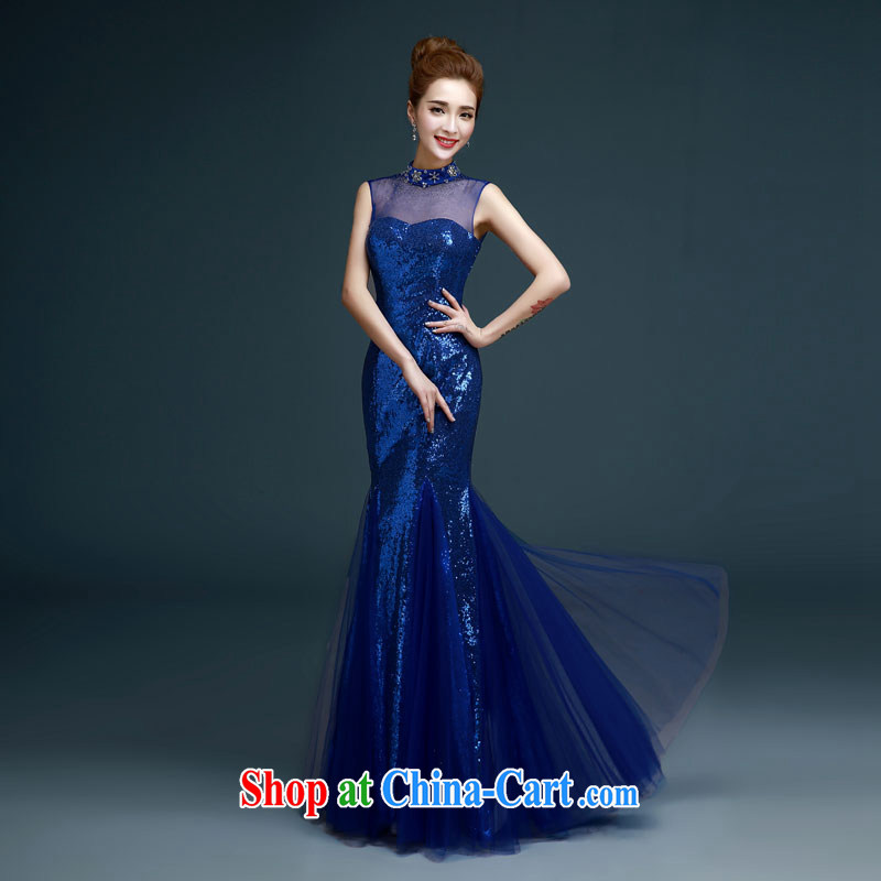 Evening Dress 2015 new, luxurious, elegant and sexy shoulders at Merlion dress banquet moderator performance service bridal toast clothing wedding dress girl blue XXL