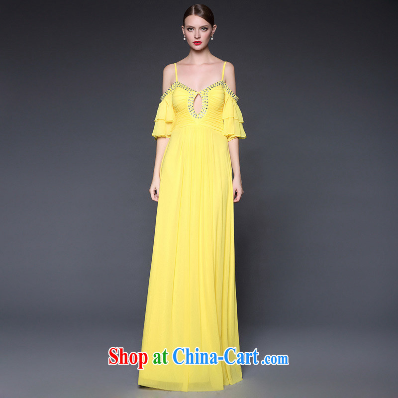 The 2015 summer new bare shoulders nails Pearl strap with sin-long evening dress evening banquet moderator dresses yellow are code