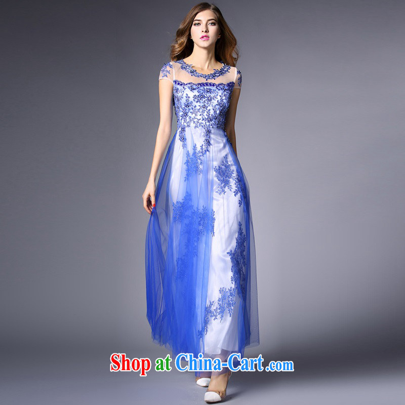 The poetry shadow ladies dress and nails Pearl embroidered Web yarn large bridal wedding dresses long skirt toast clothing evening dress blue S, European poetry (oushiying), shopping on the Internet