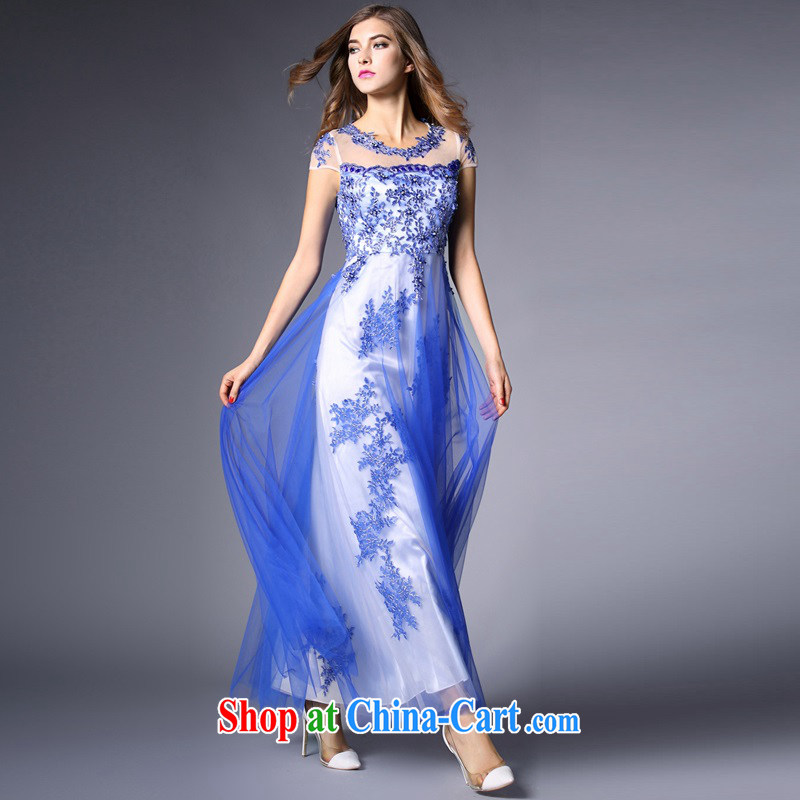 The poetry shadow ladies dress and nails Pearl embroidered Web yarn large bridal wedding dresses long skirt toast clothing evening dress blue S, European poetry (oushiying), shopping on the Internet