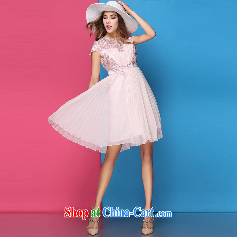 The poetry film 2015 spring and summer new Openwork embroidery luxury staples 100 Pearl hem dress skirt and noble name yuan style beauty Silk Dresses girls pink XL, European poetry (oushiying), online shopping
