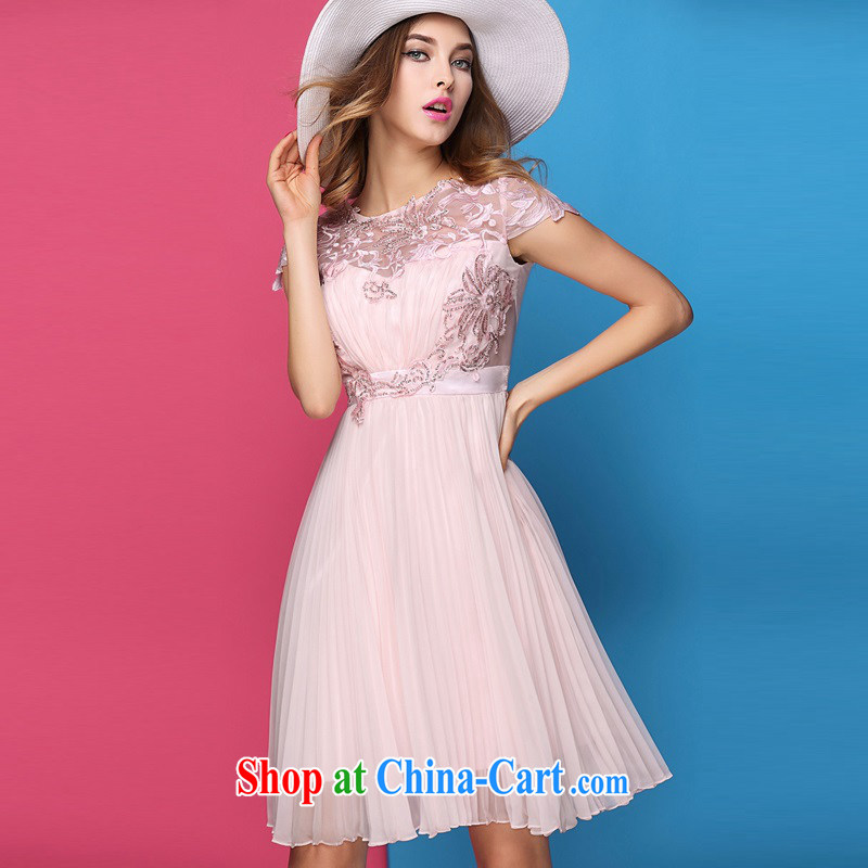 The poetry film 2015 spring and summer new Openwork embroidery luxury staples 100 Pearl hem dress skirt and noble name yuan style beauty Silk Dresses girls pink XL, European poetry (oushiying), online shopping