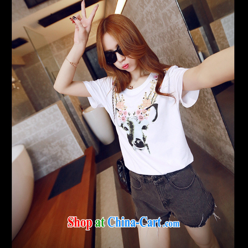 2015 spring and summer new phillips-deer cartoon cotton short-sleeved T-shirt Han version blouses white XL, blue rain bow, and, online shopping