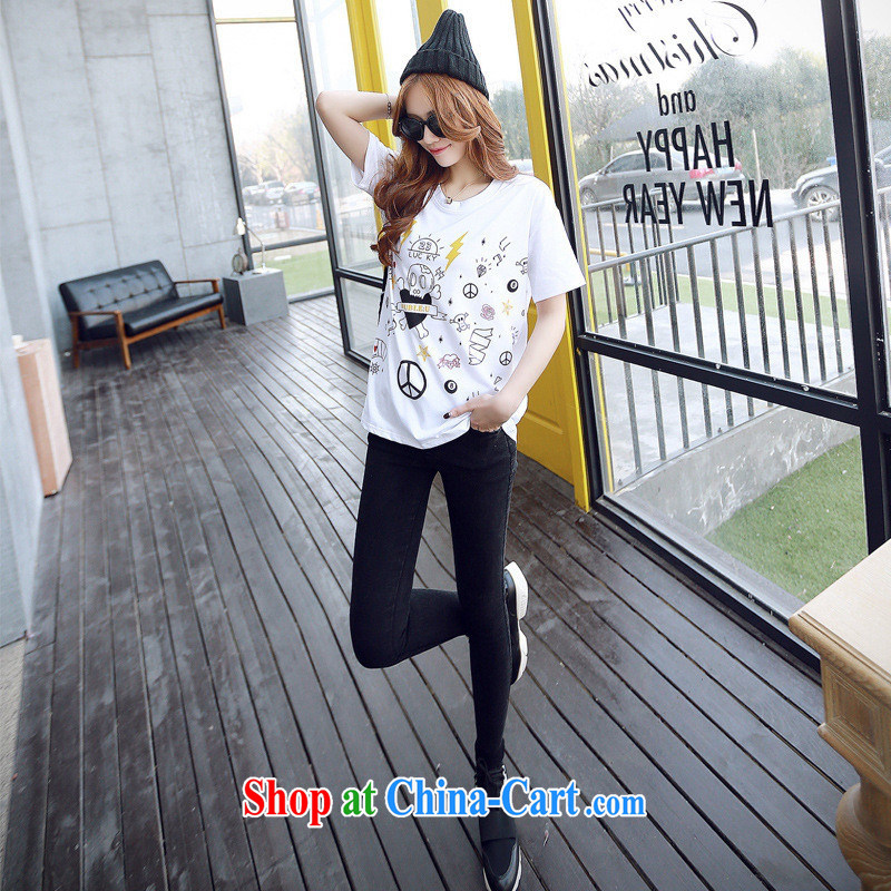 2015 spring and summer new cartoon skull loose, long, short-sleeve girls T-shirts Korean white XL, blue rain bow, and shopping on the Internet