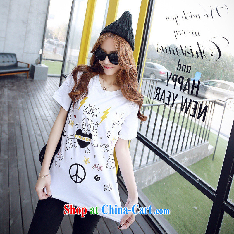 2015 spring and summer new cartoon skull loose, long, short-sleeve girls T-shirts Korean white XL, blue rain bow, and shopping on the Internet
