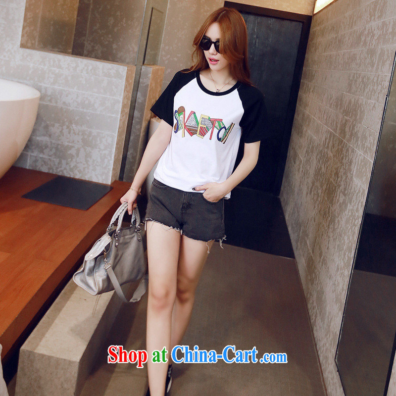 2015 spring and summer new color letter loose short-sleeved T-shirt Han version cotton female students T pension white XL, blue rain bow, and shopping on the Internet