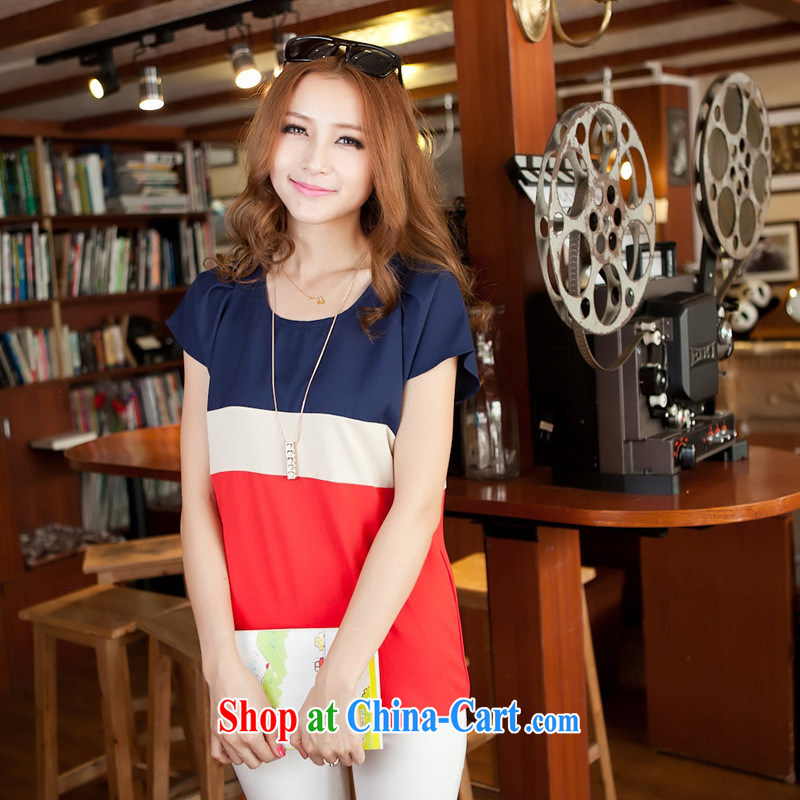 2015 Korean summer new round-collar bat short-sleeved T-shirt girls large, spell-colored loose T pension green stitching XXXL, blue rain bow, and, on-line shopping