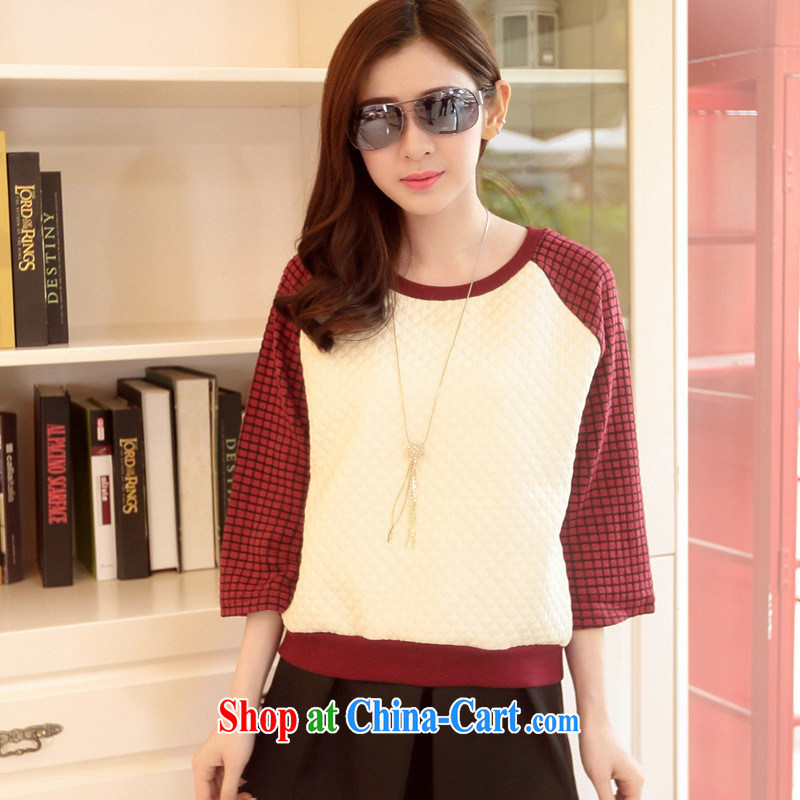 2015 spring new Korean female stitching loose the code grid 100 solid ground T-shirt girls 9 sub-sleeved shirt female Red XXL (135 - 150 jack wear), a blue rain bow, and shopping on the Internet