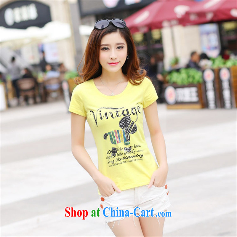 Korean edition 2015 summer new stylish English stamp female small shirts beauty graphics thin short-sleeve shirt T pale yellow XL, blue rain bow, and shopping on the Internet