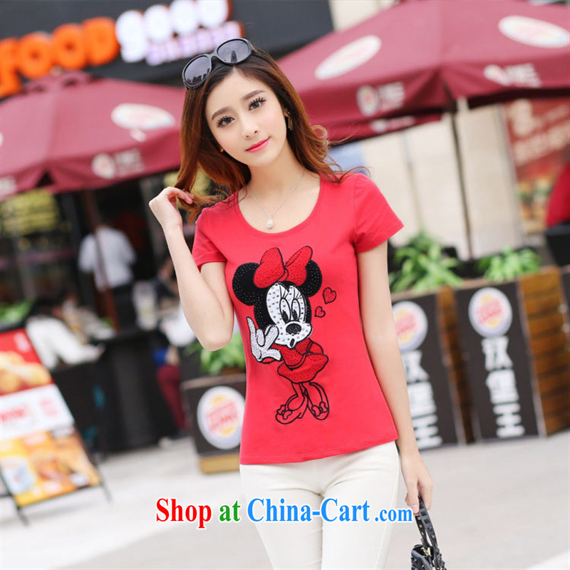 2015 summer new stylish, embroidered hot drill lovely female decoration seen wearing short-sleeved cotton round neck T-shirts watermelon red XL, blue rain bow, and shopping on the Internet