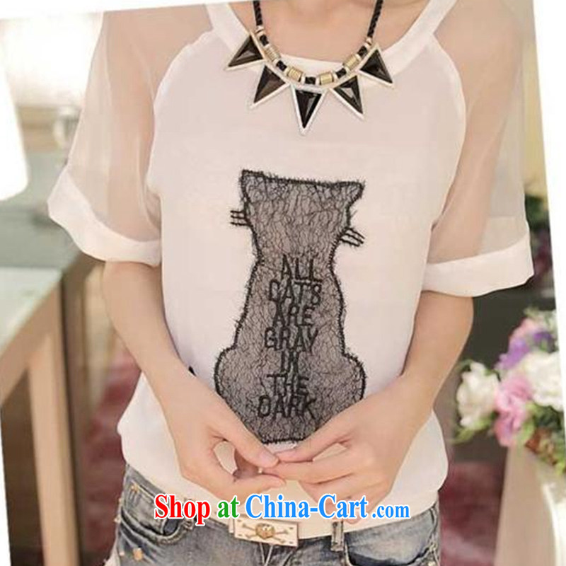 2015 short-sleeved female T shirts snow woven stitching solid shirt relaxed kitten cute pattern round neck T-shirt white XXL, blue rain bow, and shopping on the Internet