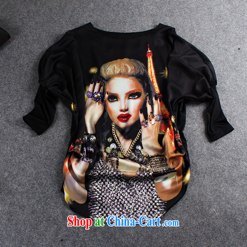European and American high-end female digital stamp city girl to the staple Pearl bat T-shirt loose T-shirt black L, blue rain bow, and, shopping on the Internet