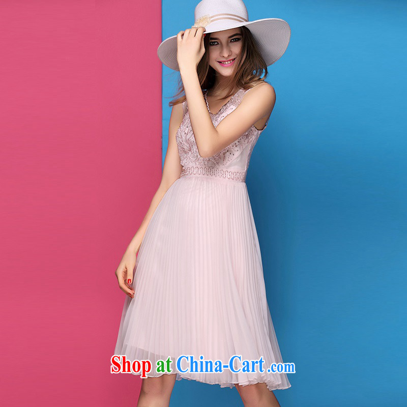 The poetry film 2015 spring and summer with new Silk nails V pearl cultivation for embroidered dresses style high-end dress skirt pink XL, European poetry (oushiying), on-line shopping