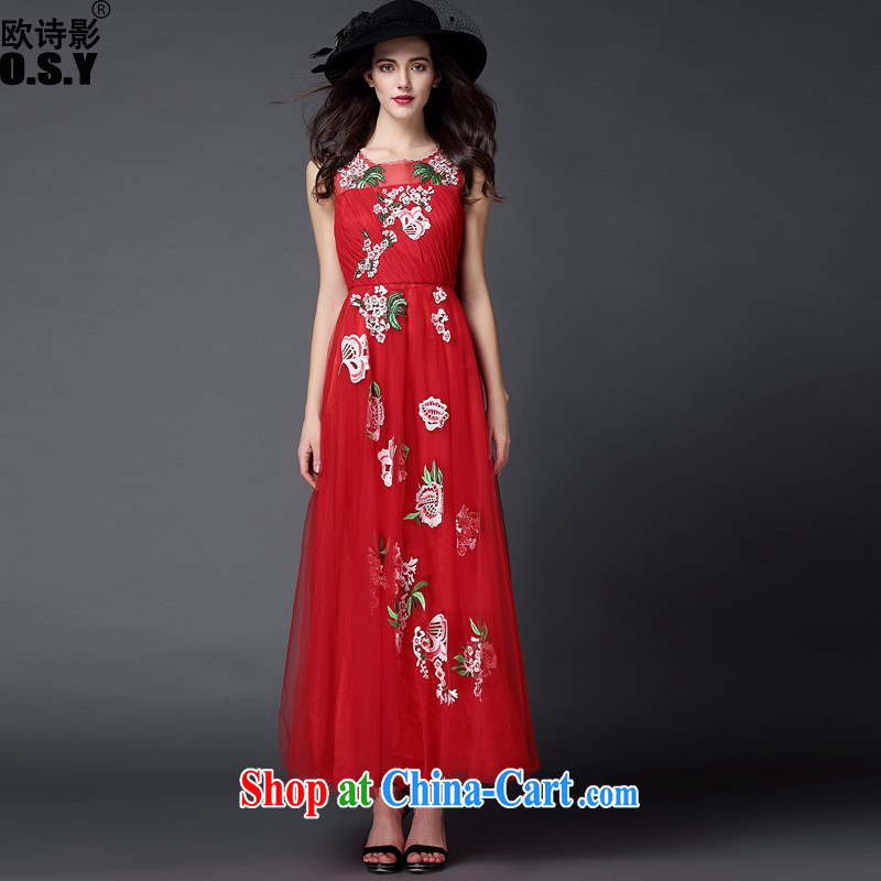 The poetry film 2015 new dress embroidery flower nail drill long red wedding dress banquet evening bridesmaid bridal dress toast annual service spring red XL