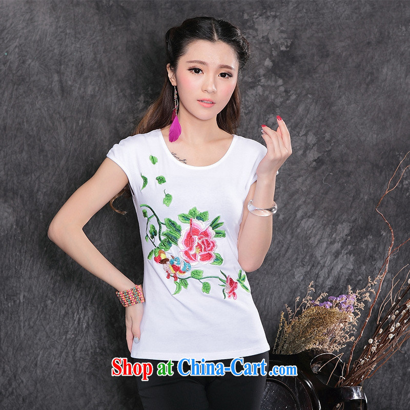 Female summer new Ethnic Wind women embroidery round-collar short-sleeve shirt T cotton A 159 white XXL